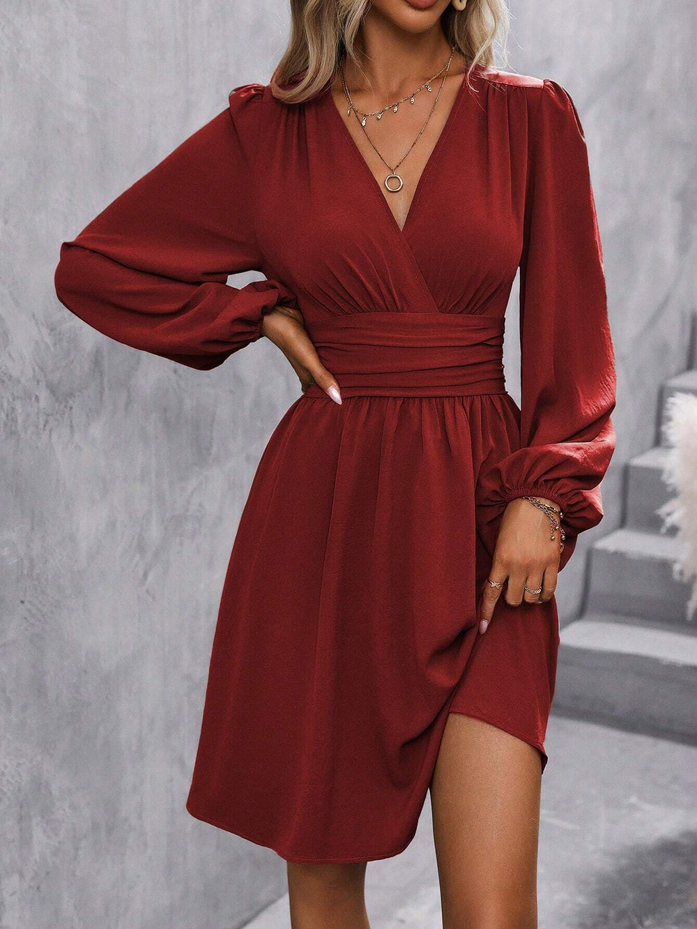 Fall and winternew arrival slanted collar lantern sleeve pleated waist dress