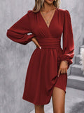 Fall and winternew arrival slanted collar lantern sleeve pleated waist dress