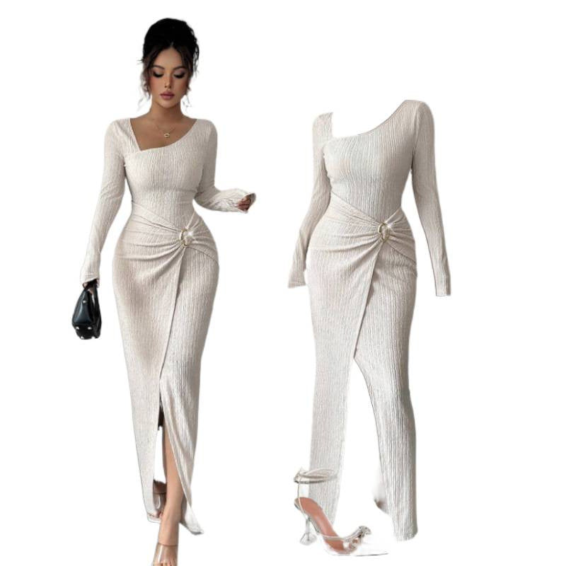spring/summer new women's slim-fit bodycon fashionable slimming slit square neck long sleeve knitted dress