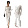 spring/summer new women's slim-fit bodycon fashionable slimming slit square neck long sleeve knitted dress