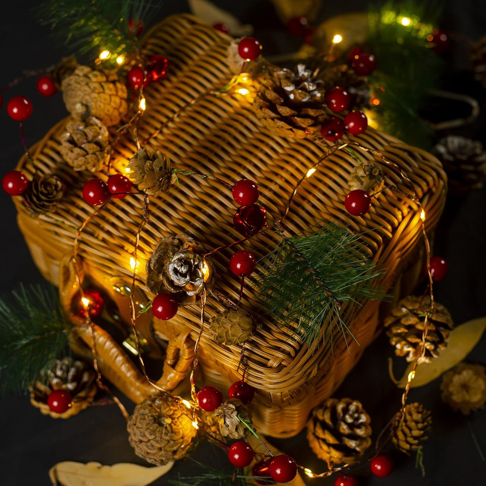 LED Christmas copper wire light pine cone pine needle bell red fruit decorative light string battery box Christmas rattan lights string