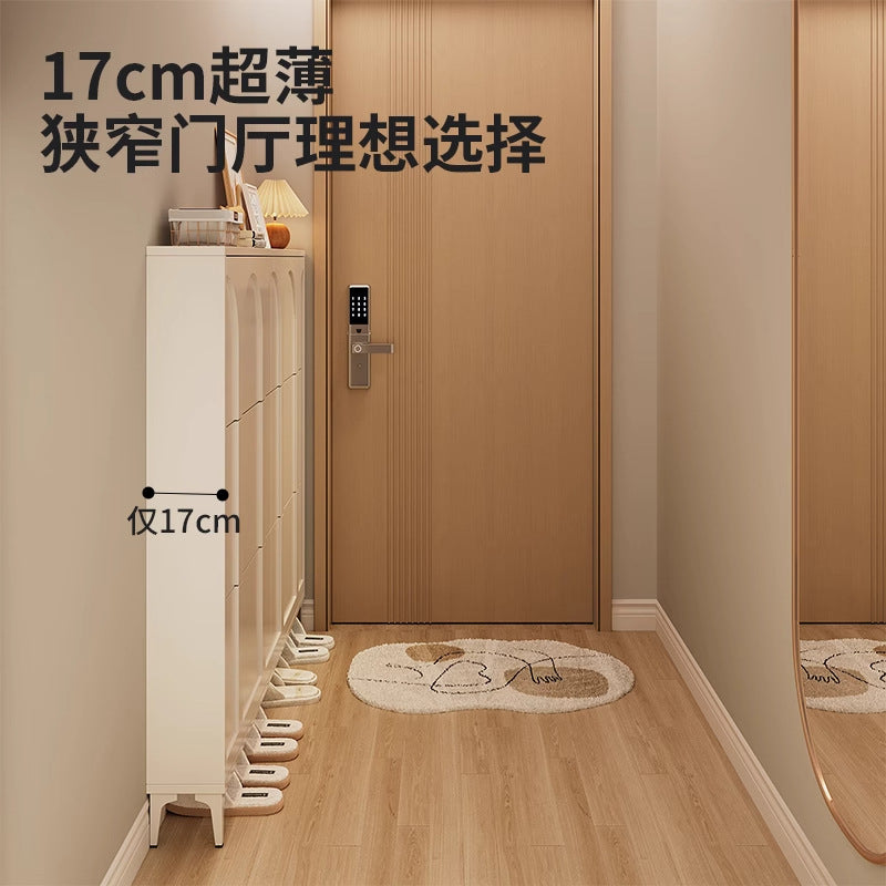 Ultra-thin tipping shoe cabinet cream style for home door small narrow entrance door shoe cabinet space-saving entrance cabinet all-in-one shoe rack