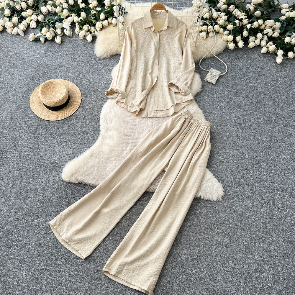 Lazy style sense of design diamond stripesshirtloose pantstwo-piece set women's spring autumwork clothingcasualelegantsuit