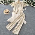 Lazy style sense of design diamond stripesshirtloose pantstwo-piece set women's spring autumwork clothingcasualelegantsuit