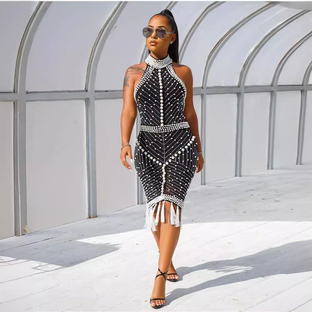 supply of fashionfashion high collar halter sleeveless hip-covering waist sexy hot diamond beaded tassel short skirt big sale