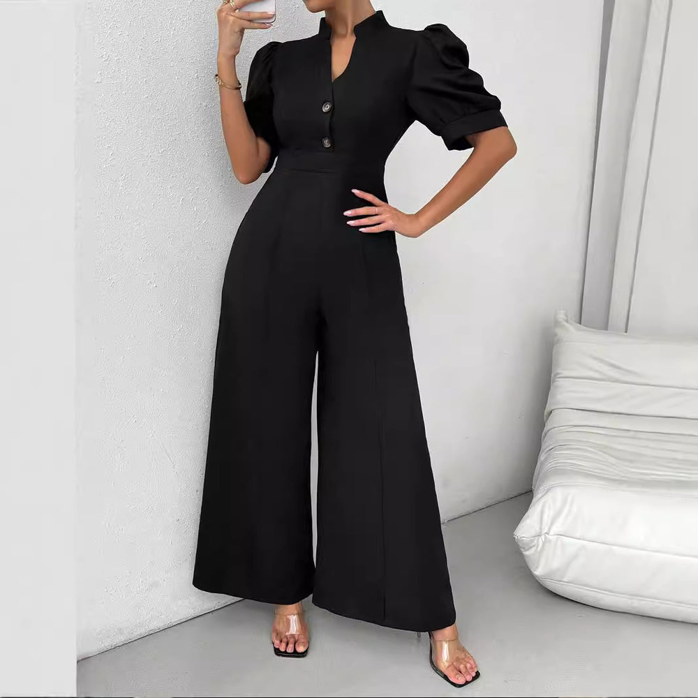 Amazon cross-border foreign trade spring & fall v-neck fashion jumpsuit women's waist short-sleeved wide-leg pants commuter style slimming look