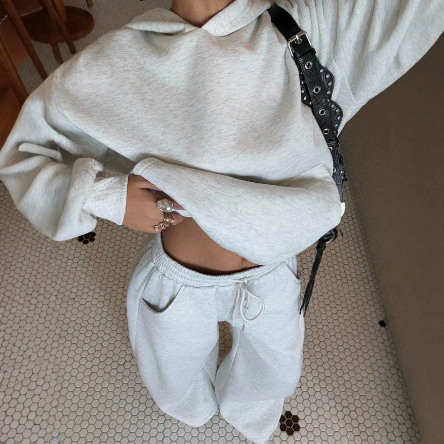 fashion cross-border comfy basics suit pure color dropped shoulder hooded sweatshirt wide-leg casualpants