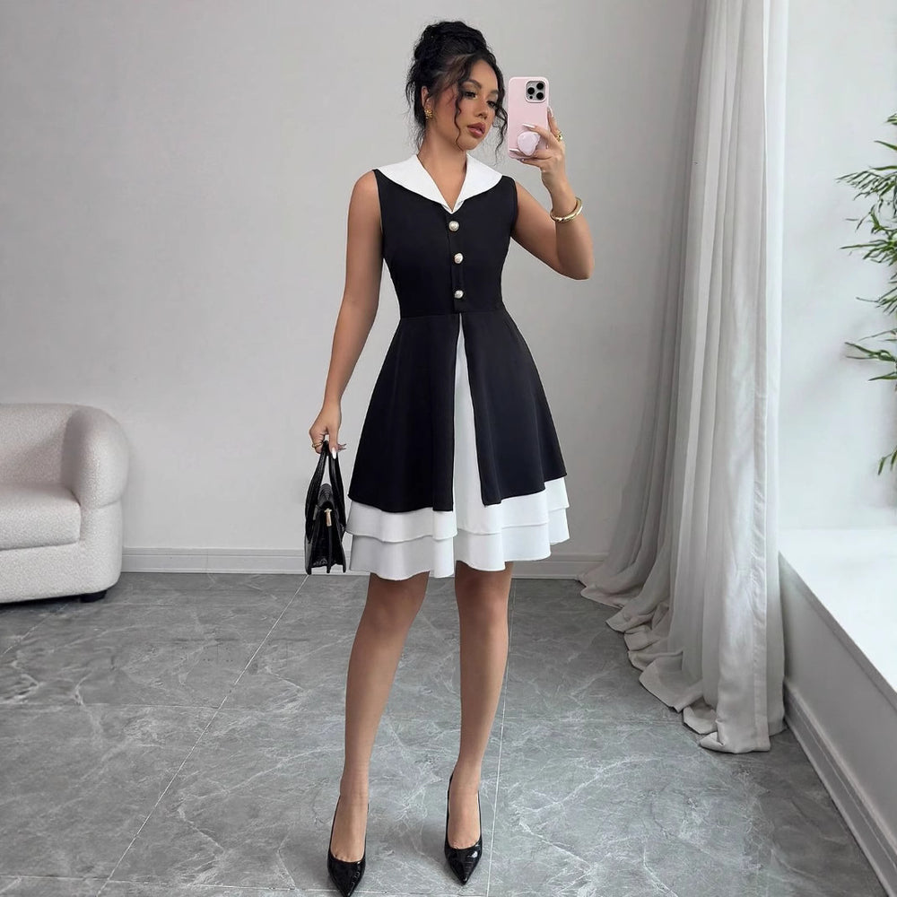 Sleeveless tweed style silmdress women's  summer waist slimming lookelegant hem contrast color vest short skirt