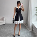 Sleeveless tweed style silmdress women's  summer waist slimming lookelegant hem contrast color vest short skirt