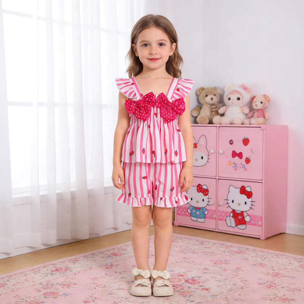 Baby cute style summer outfit: double-layer flutter sleeve top with double bows & elastic waist strawberry shorts set for toddlers
