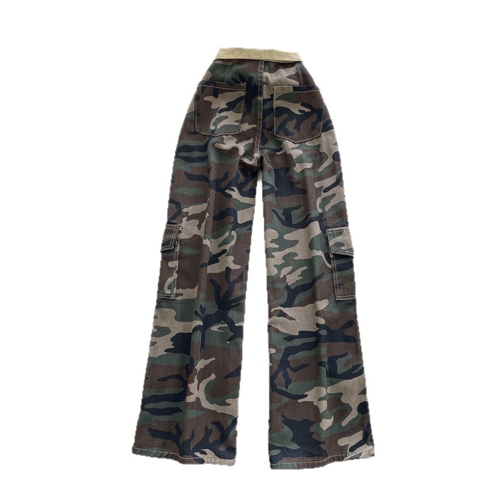 American retro hot girl camo print high-waisted wide-leg pants - women's  autumn workwear-inspired casual denim straight-leg trousers