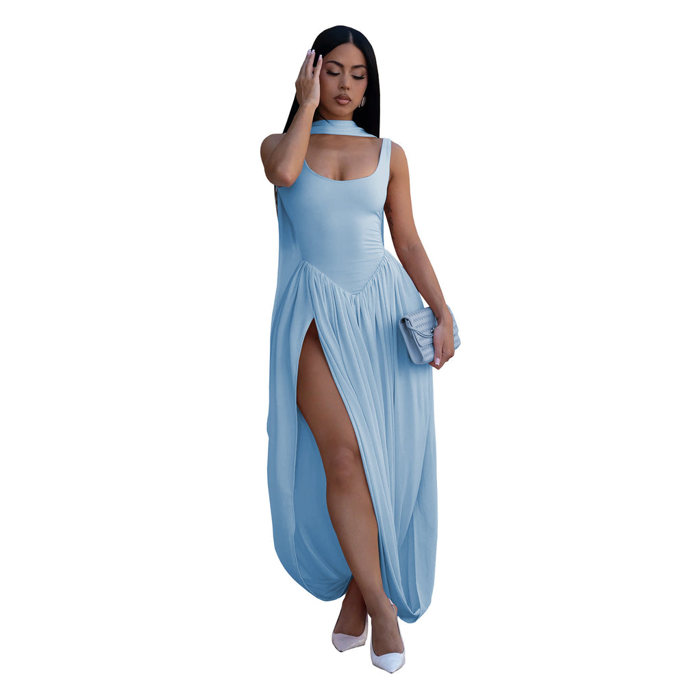 C7659 cross-border   fashion women's sexy solid color slit ribbon dress set