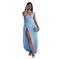 C7659 cross-border   fashion women's sexy solid color slit ribbon dress set