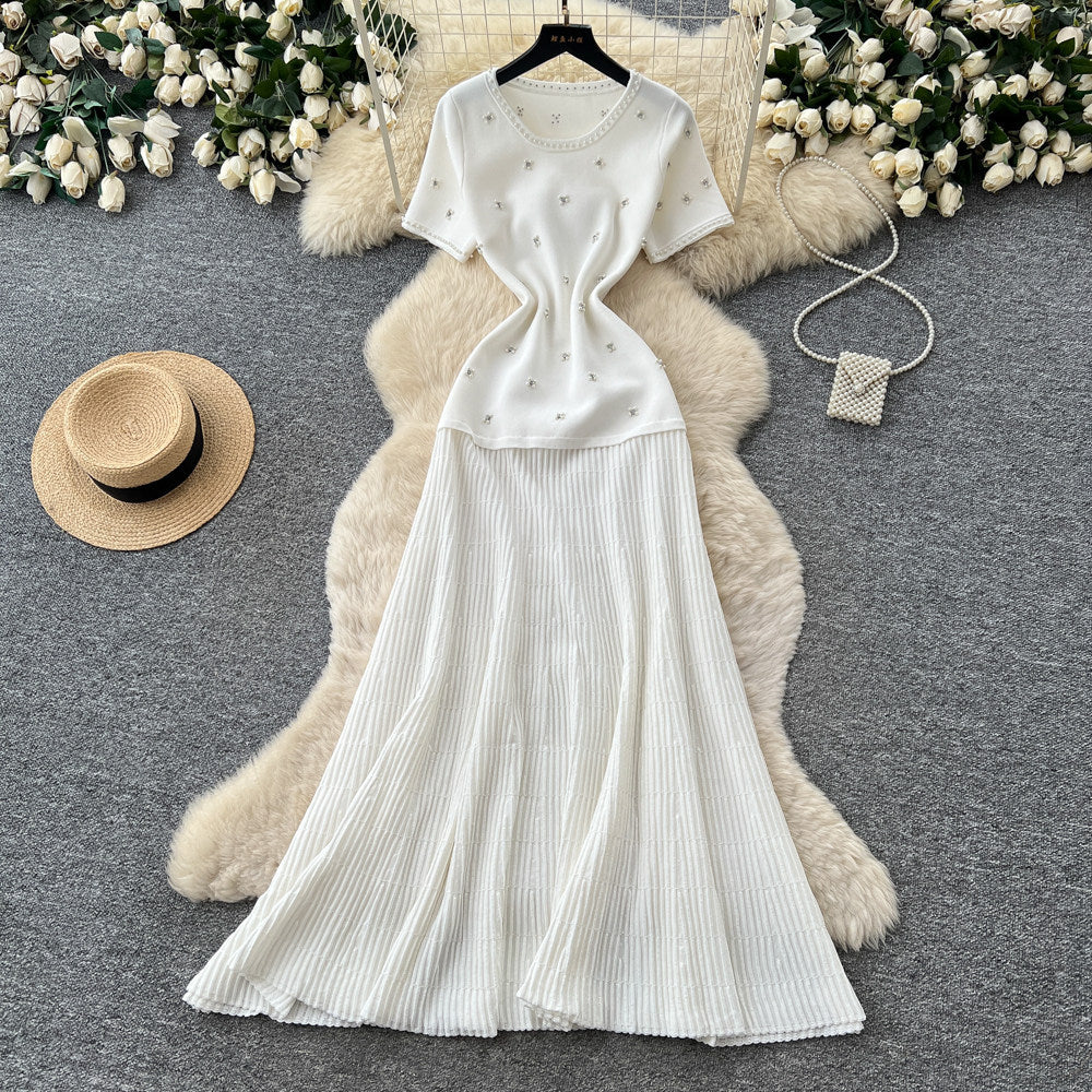 French style beaded short-sleeve dress - women's summer gentle high-waisted a-line dress - slimming and figure-flattering for work and casual wear