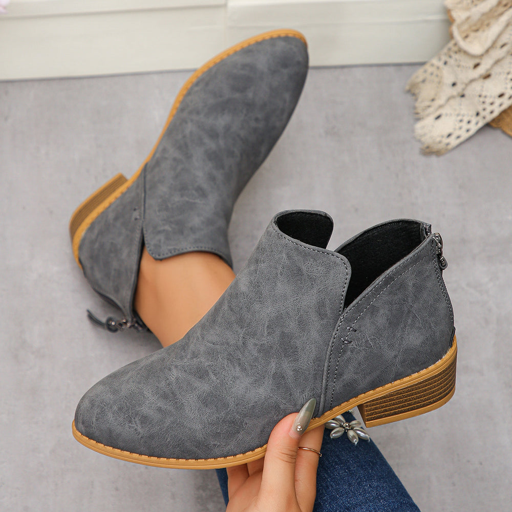 Fashionexportplus size leather boots women's boots pure colorslimming look pointed toe back zipper casualthick sole thick heel boots women's single