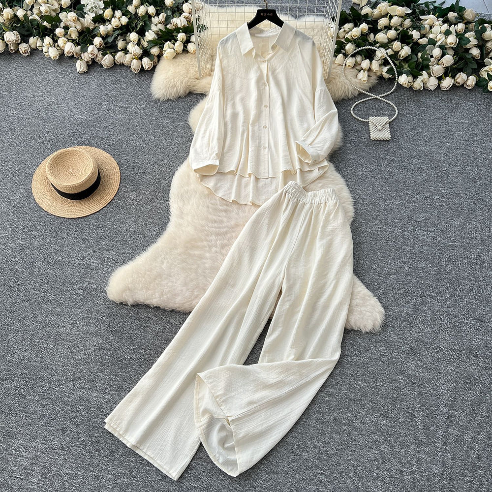 Casual fashionablesuit women's lazy style sense of designasymmetricallong sleevesshirthigh waistloose pantsstraight-leg pantstwo-piece set