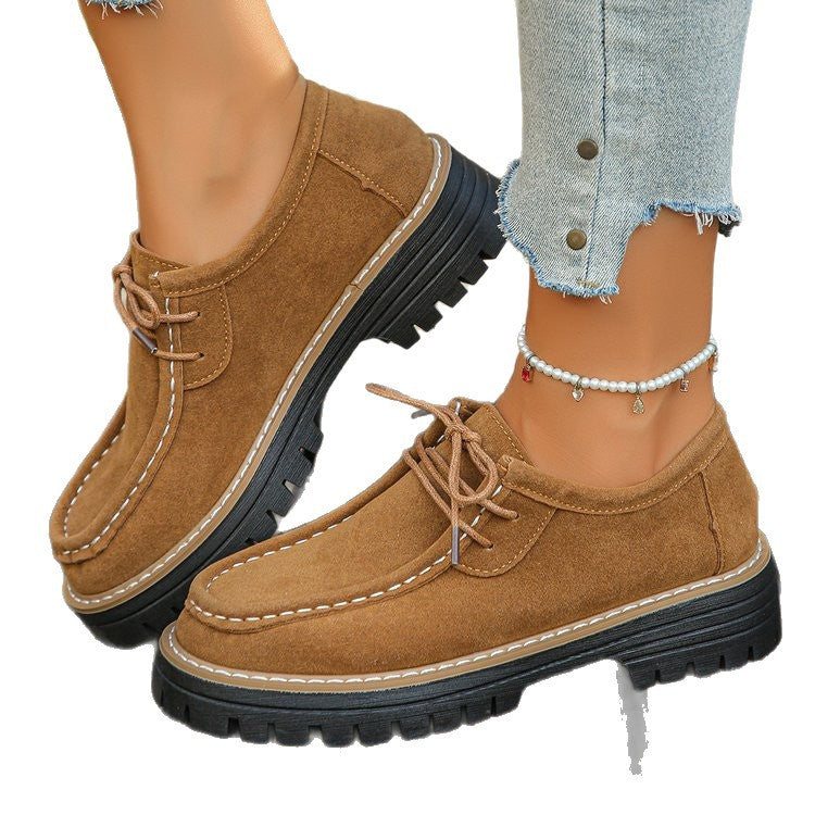 autumn women's casual leather loafers: comfortable round toe, chunky heel, retro style, soft leather, lace-up, platform sole