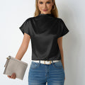 Real shot of cross-border hot-selling new arrival round neck short-sleeved satin t-shirt satin spring and summer women's left shoulder pleated tops wholesale
