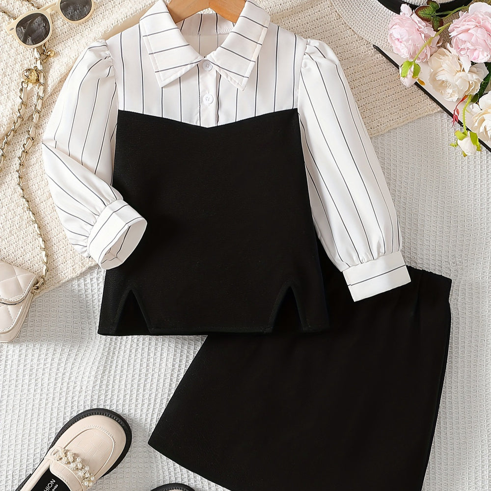 Girls' spring outfit set: striped shirt & black and white color block skirt - two-piece preppy style