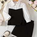 Girls' spring outfit set: striped shirt & black and white color block skirt - two-piece preppy style