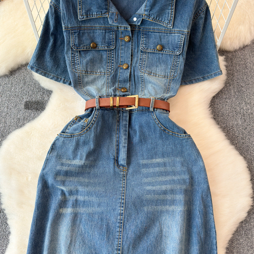 Vintage hong kong style denim dress - women's  summer new arrival - high-end, elegant, slimming, mid-length dress with cinched waist
