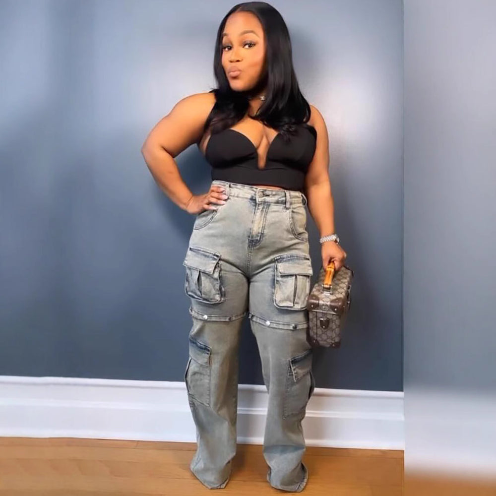 European and american style women's multi-pocket jeans -  cross-border fashionable and unique detachable button straight-leg pants