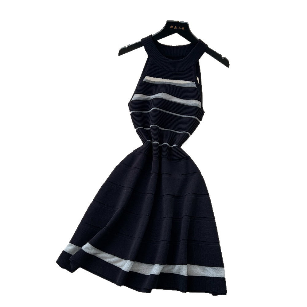 K-stylestripescut out sleeveless knittingdress women's summerhigh waist a-line skirtwork clothingclassyelegant skirt