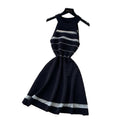 K-stylestripescut out sleeveless knittingdress women's summerhigh waist a-line skirtwork clothingclassyelegant skirt