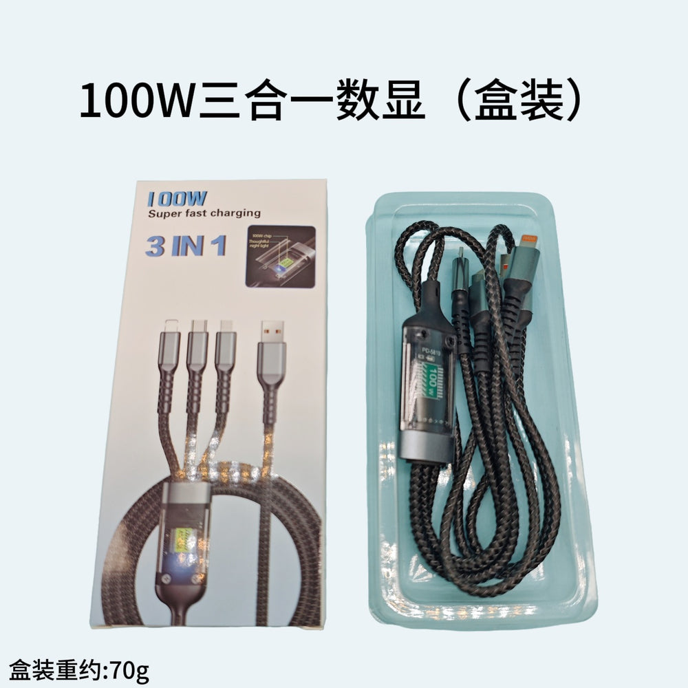 100w braided 3-in-1 fast charging cable - compatible with android, apple, huawei, and xiaomi phones