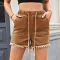 Fashion cross-border foreign trade  independent station new arrival elastic waist drawstring casual high waist raw edge denim shorts for women