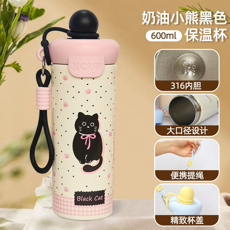 New 316 stainless steel cute cartoon cup - student outdoor portable sippy cup with carry strap and cute animal float