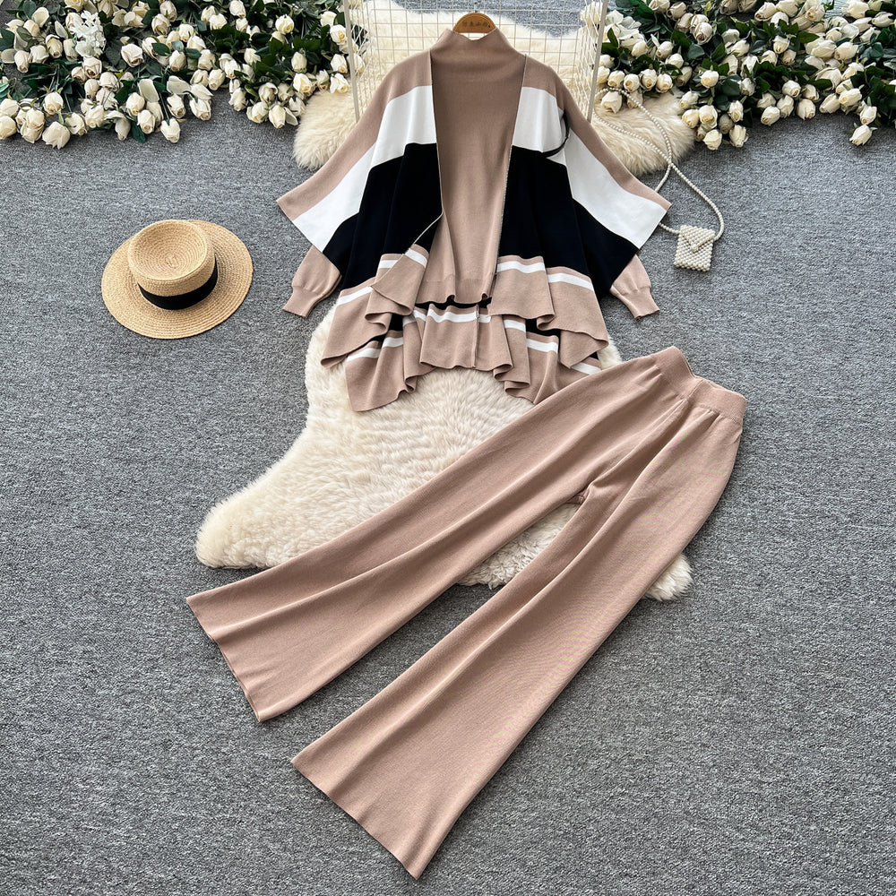 Light mature style knittingtops shawl outwearsuit women's autumwork clothingclassy wide-leg pants slimming look three-piece set