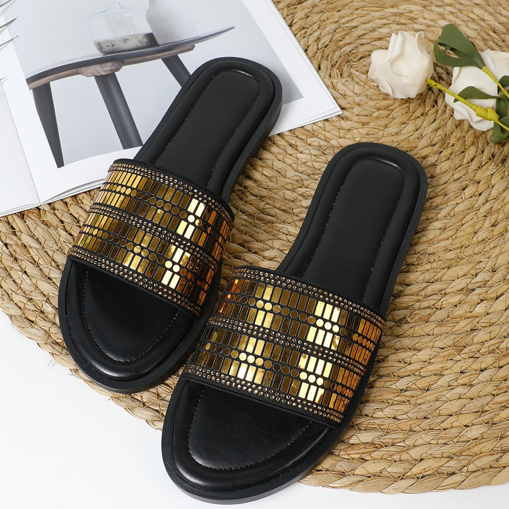 Women's flat sandals and slippers - new fashionable sequin round toe flat sandals with rhinestone embellishments for women