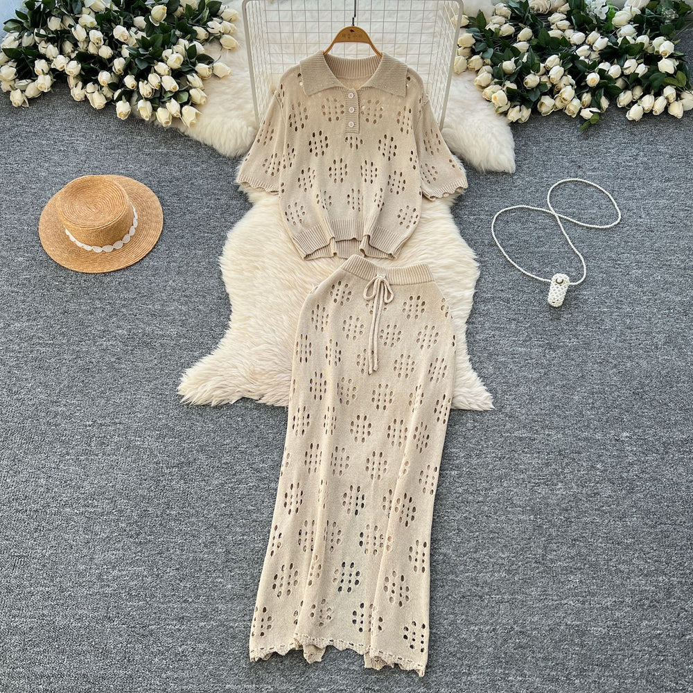 Cut out age reduction suit female k-stylefashionlooseeasiest for match lapel short-sleeved knittingtopshigh waist silm skirt
