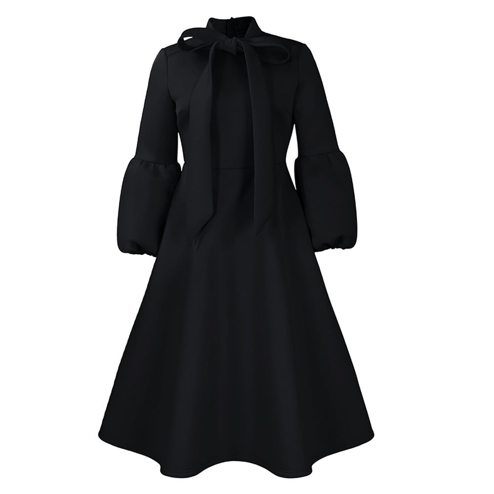 Amazon  spring new arrivalfashiontie back lantern sleeve high waistbowsplus size swing dress cross-border dress