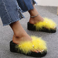 Summernew arrivalplatform shoes bottom real hair feather slippers k-stylethick soleflats flip flops wedge heel women's sandals wholesale