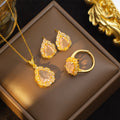 [set] fashion pink zirconium water drop titanium steel necklace earrings light luxury high-end pendant earrings clavicle chain jewelry