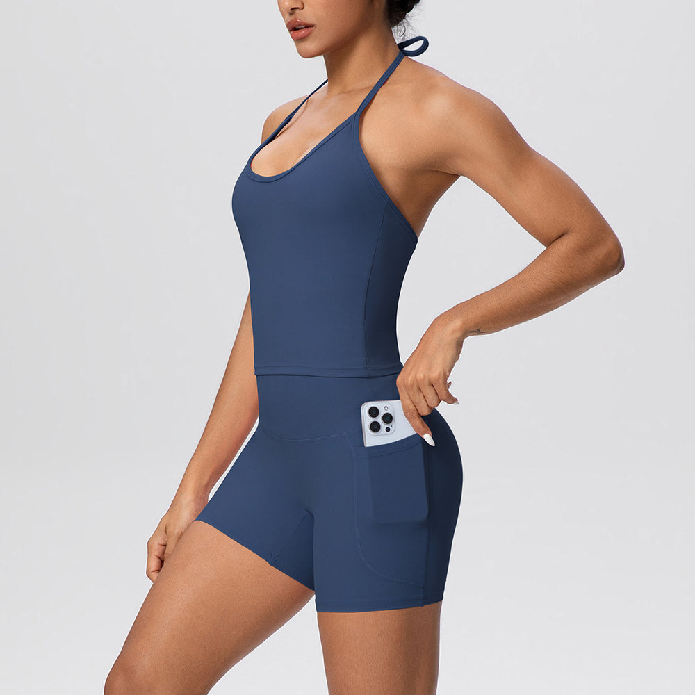 pure color brushed beautiful back tight strap halterflap pocket pants yoga suit sports running shortstwo-piece set