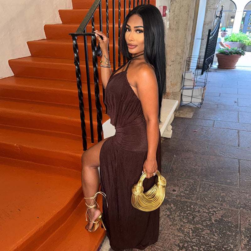 Fashion style ins cross-border style women's pure color slit asymmetrical skirt chest-wrapped deep v necksexyhalterdress