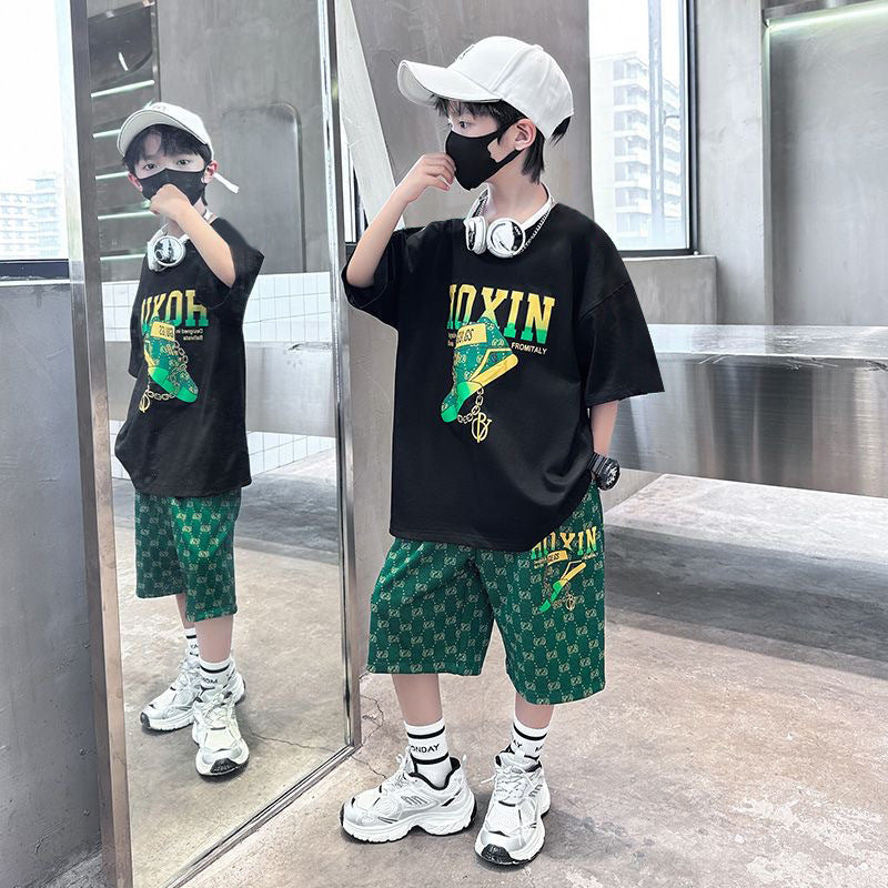 Kids' new  summer t-shirt set: stylish boys' printed casual short-sleeve high-street hip-hop letter print shorts outfit