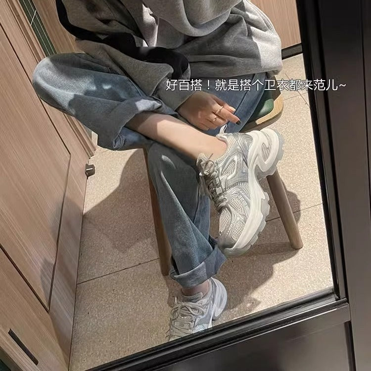 Women's chunky platform mesh breathable silver dad shoes - 2025 summer new fashion, height increasing, versatile casual sneakers