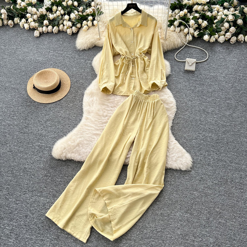 Light mature style wear women's summer wear sense of design drawstring straps waist long sleevesshirt high waist wide leg straight-leg pants suit