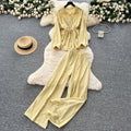Light mature style wear women's summer wear sense of design drawstring straps waist long sleevesshirt high waist wide leg straight-leg pants suit