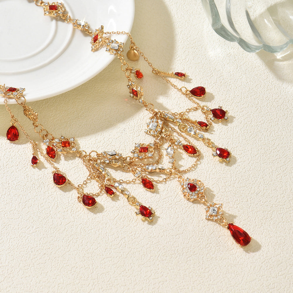Gothic necklace wholesale cross-border heavy industry tassel red gemstone pendant high-grade retro french layered clavicle chain for women