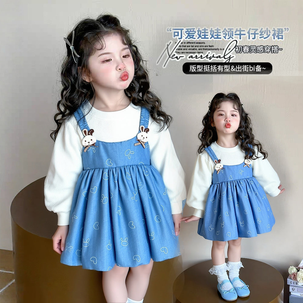 kids' fashion korean style dress - girls' round neck long sleeve cartoon print suspender faux two-piece patchwork dress