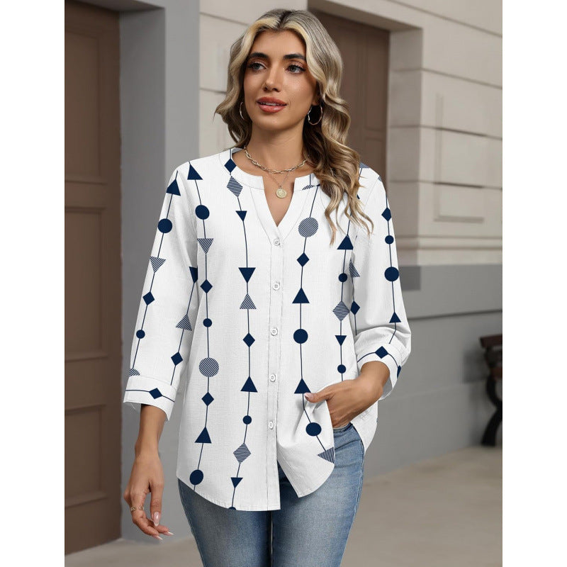 Amazon european goods  summer button-down shirt, three-quarter sleeve v-neck blouse, fashionable casual loose top