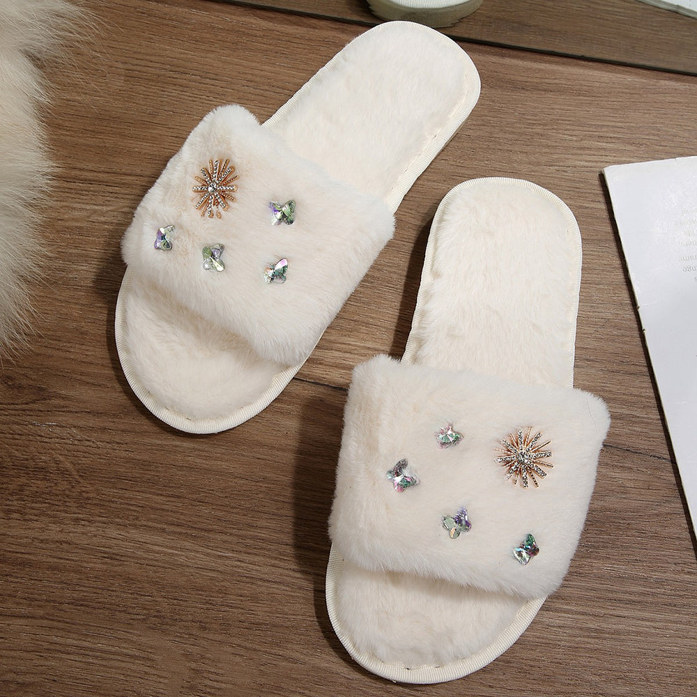 new arrivalfashionpopular rhinestone fur slippers women's fall and winter home thickenedheattech floor cotton slippers