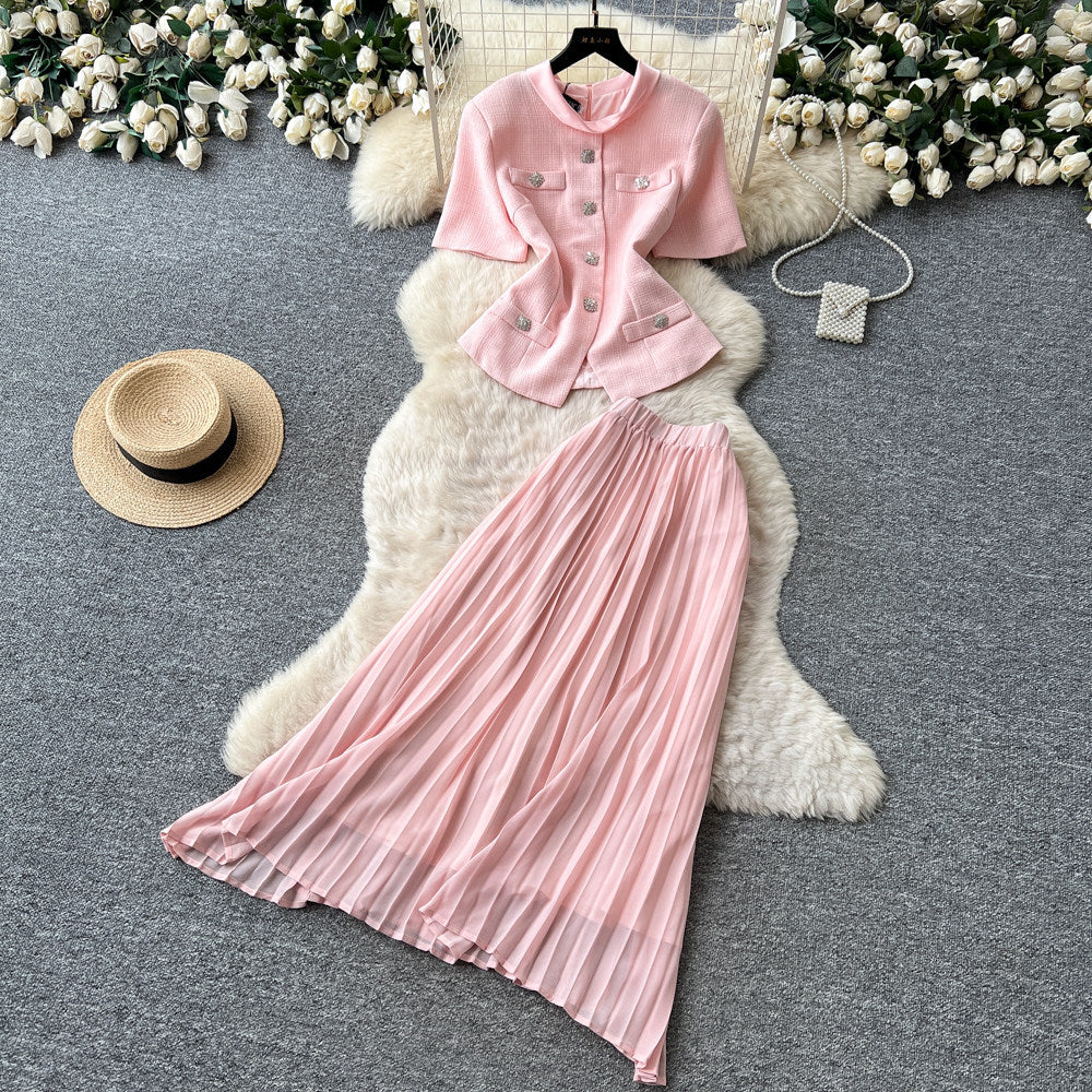 export tweed style short-sleeved stand-up collar topspleated skirttwo-piece setfemale spring and summerwork clothingeleganceelegantsuit