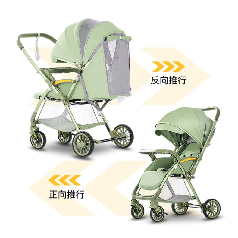 Lightweight, large-wheeled, foldable baby stroller. convertible from upright to reclined position. portable, high-view, four-wheel suspension stroller for ages 0-3 years