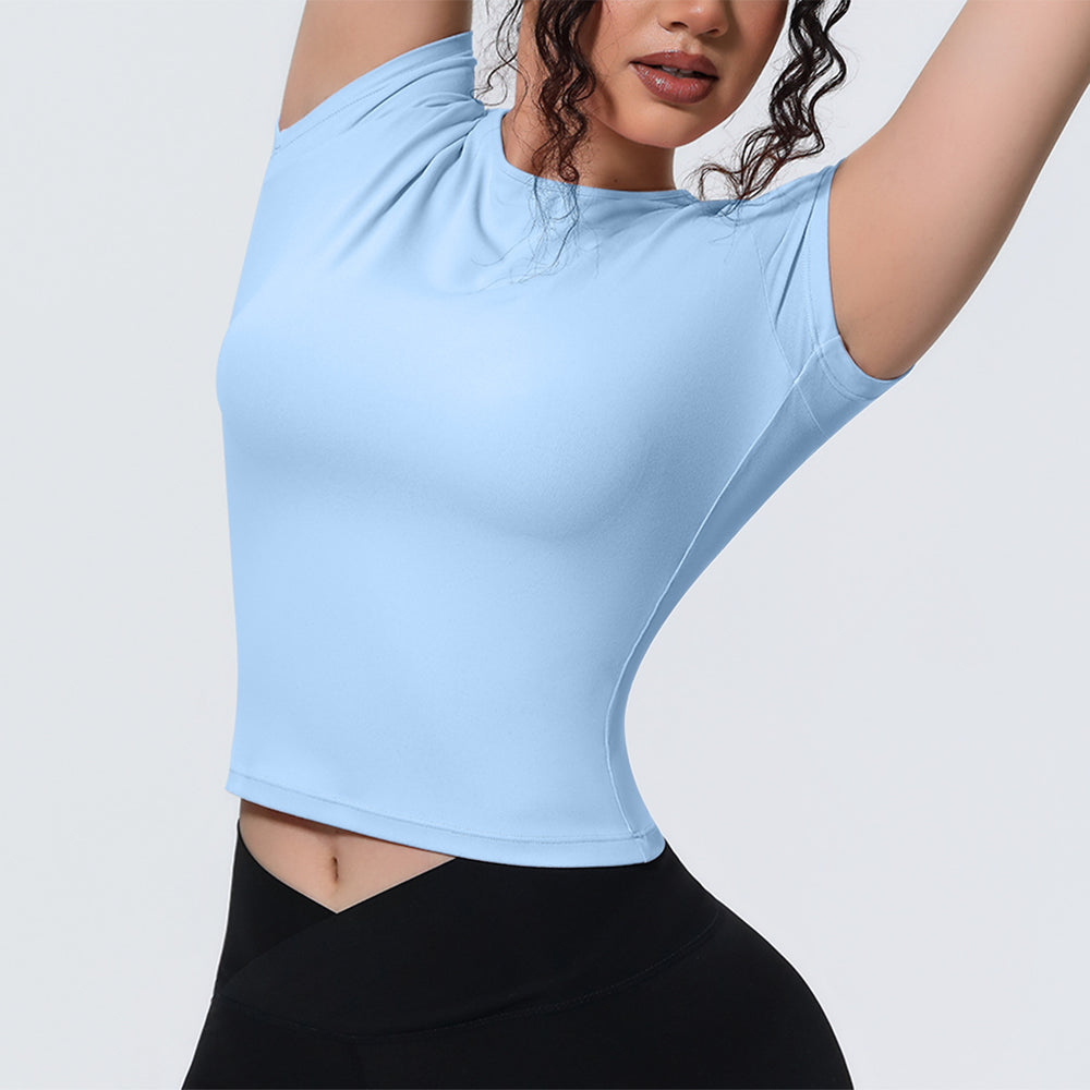 new arrival sports nude waist silm short-sleeved breathable yoga clothes t-shirt running training fitness tops for women